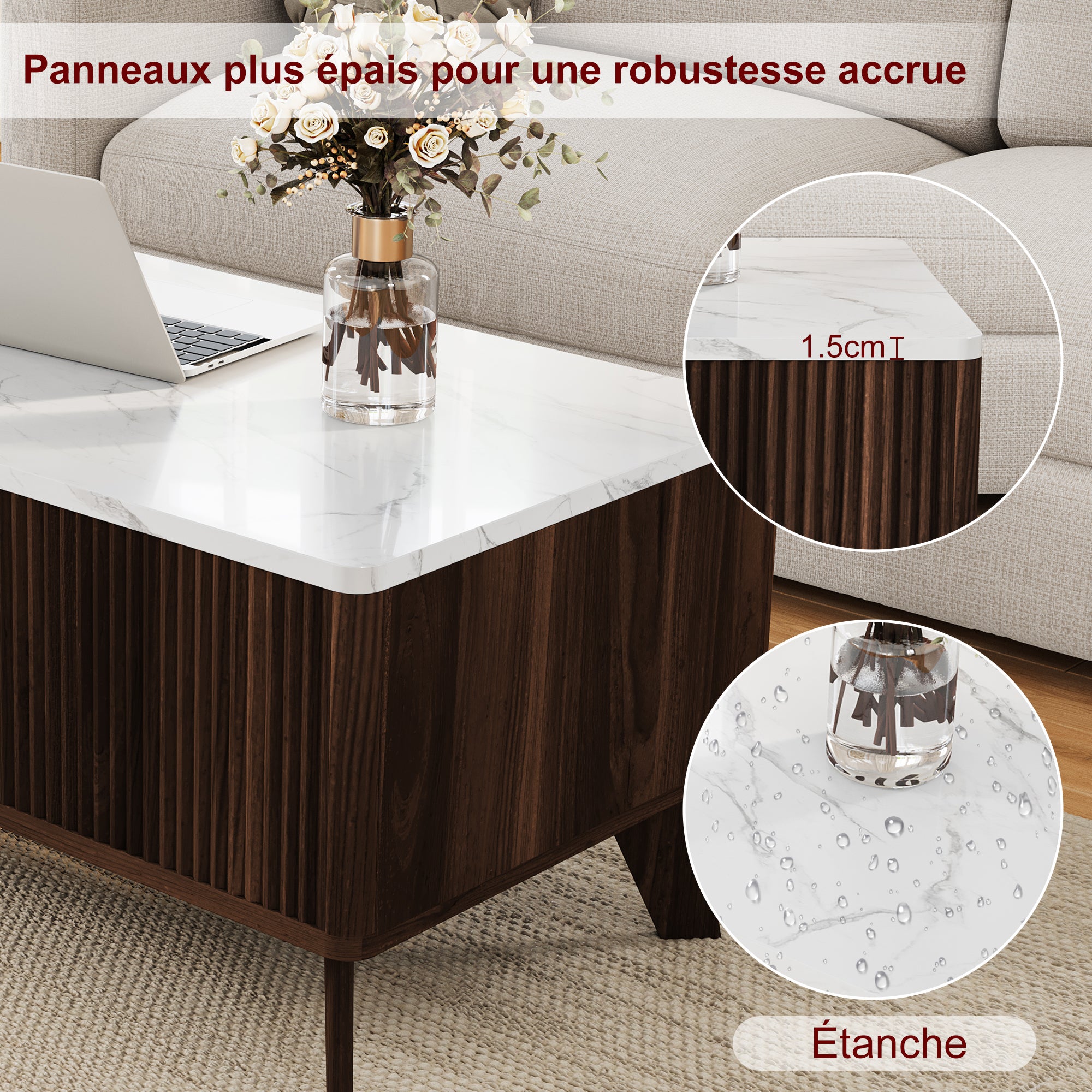 Table Basse, Table de Salon Relevable, Métal Vérin à Gaz, Plateau en Marbre,Compartiment sous Le Plateau,pour Salon,Salle à Manger, 105 x 42 x 53 cm - 5