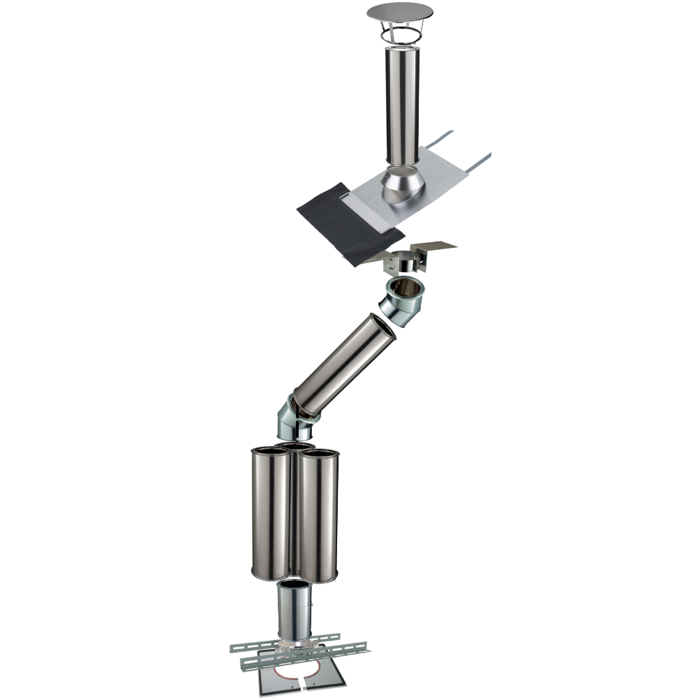 Kit conduit isolé sortie toiture avec dévoiement Inox-Galva et Inox-Inox Ø150 Poujoulat - Déport 92 cm / Longueur 547 cm - 2