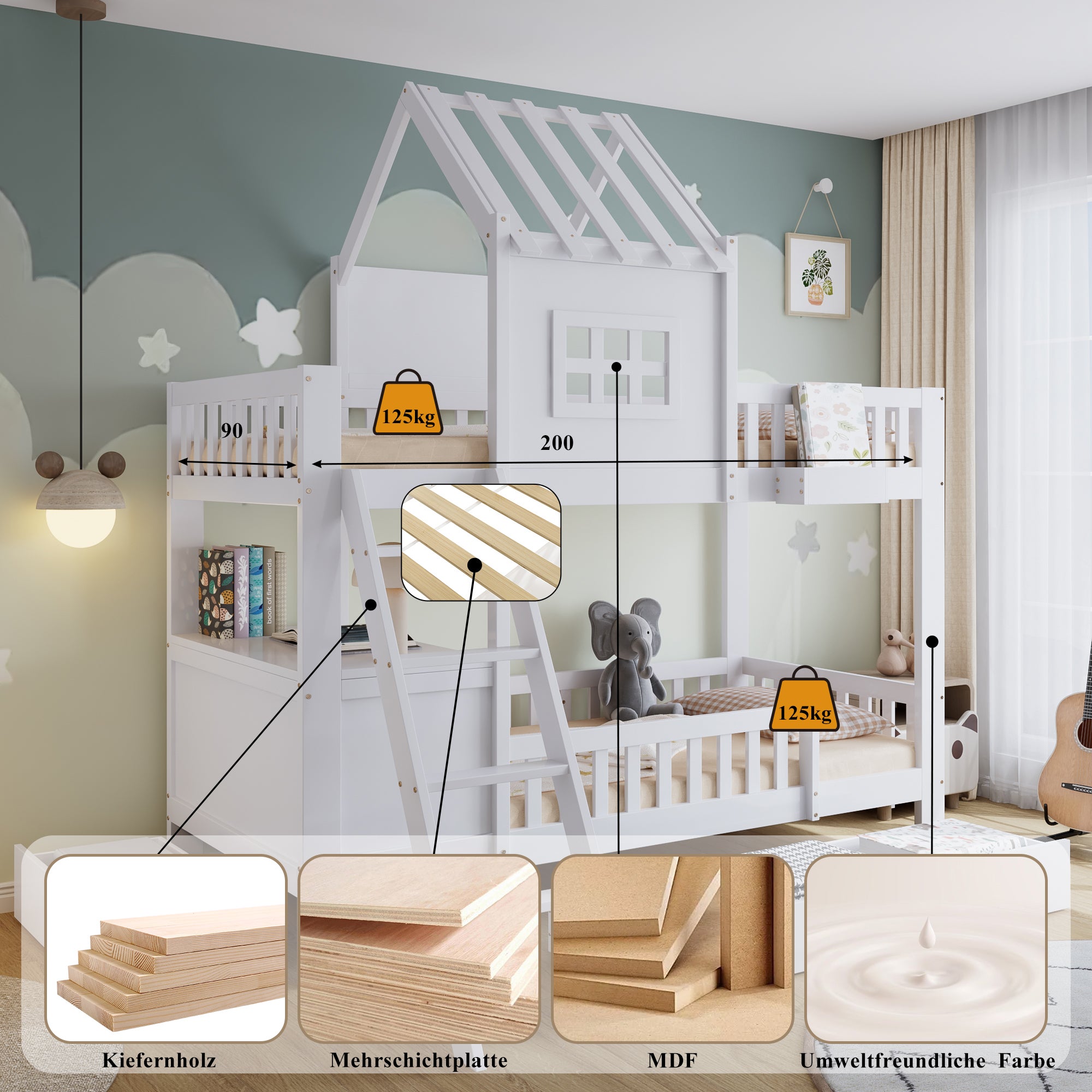 Letto a castello, letto per bambini, due cassetti con rotelle, tetto e finestra attraenti, bianco, 90x200cm - 5