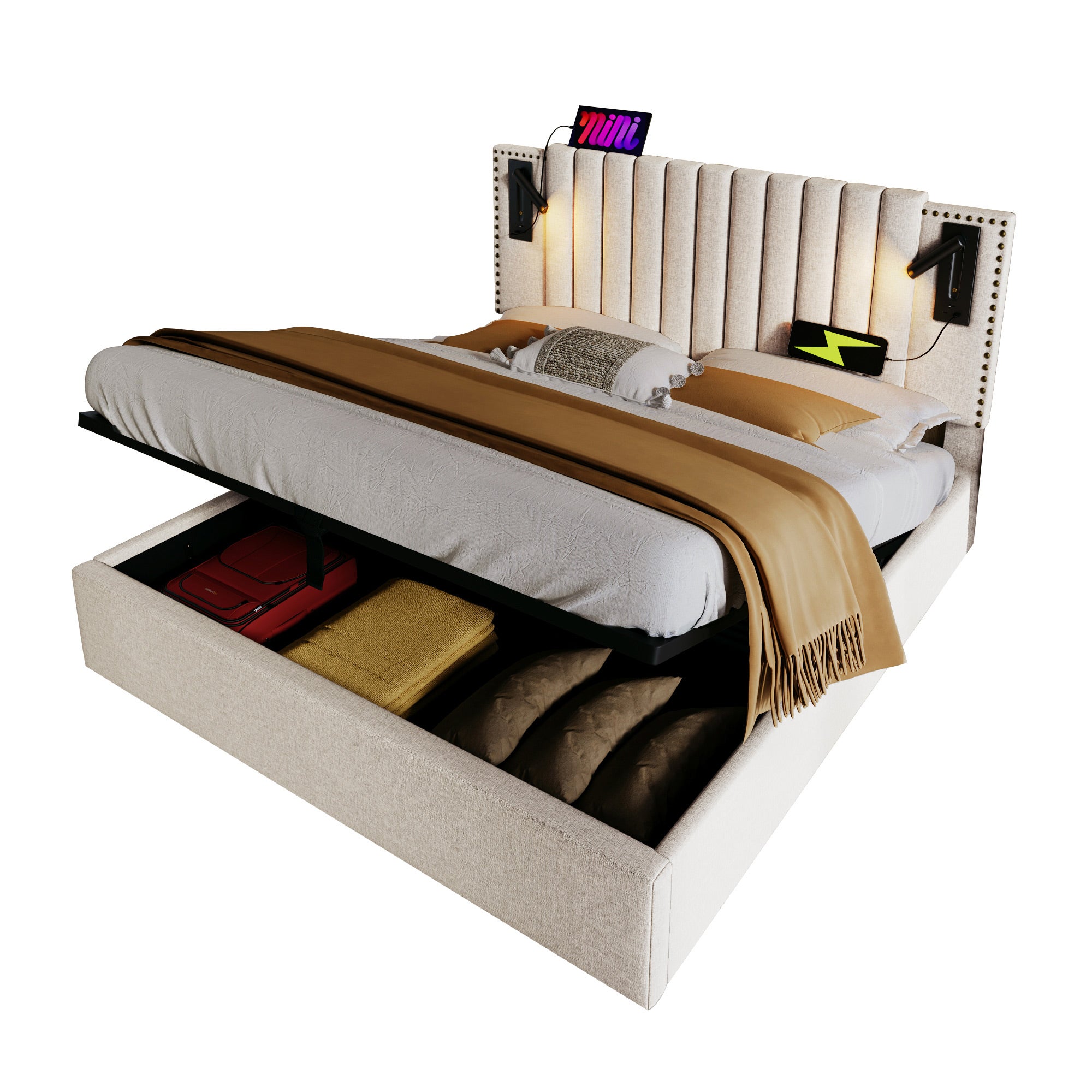 Cama contenedor de tela de algodón 160x200 cm - con luces de lectura y puertos de carga USB - con somier - Beige - 4