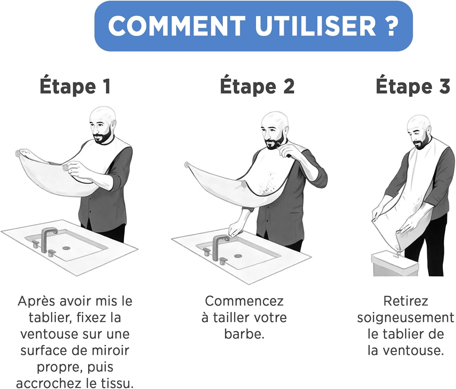 Cape de rasage homme - Bavoir à barbe - Accessoire idéal pour couper la barbe ou se raser - Avec 2 ventouses et sac de rangement - Cadeau Noël et fête - 5