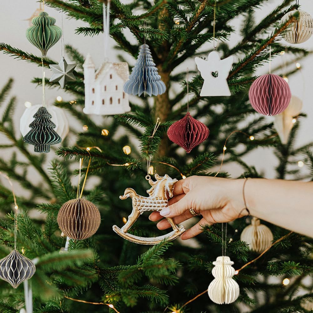 Décorations de Noël - 6 mini lanternes en papier 3D à bords scintillants, décorations suspendues à motif nid d'abeille - 3