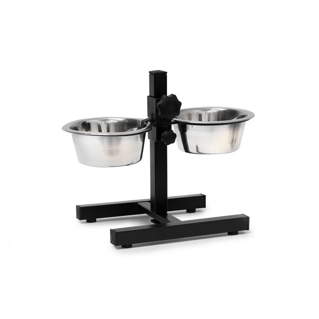 Estação de alimentação para cães, taças inox 0,8 l, suporte ajustável HBT 27 x 36 x 21,5 cm, antiderrapante, Relaxdays