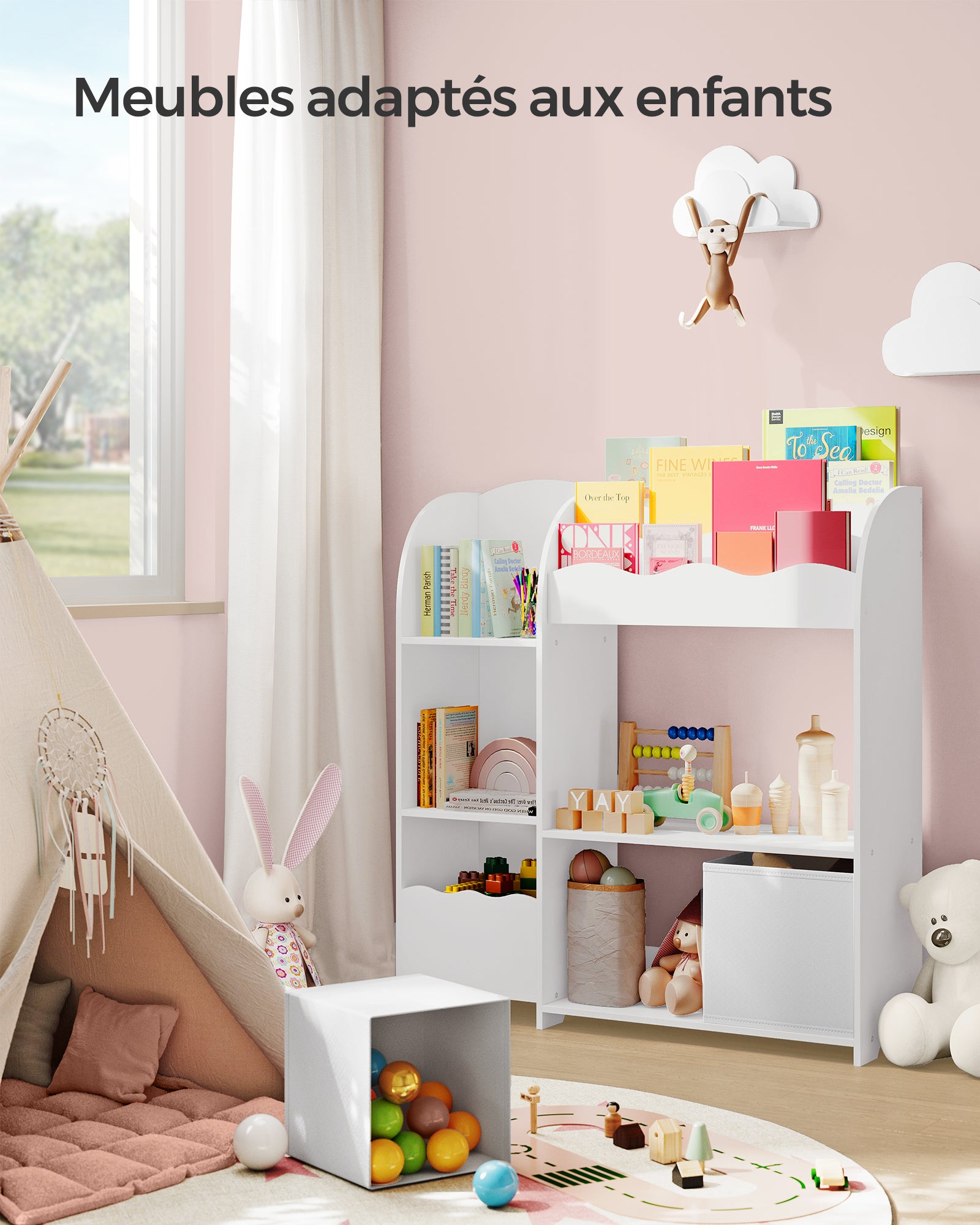 Étagère de Rangement pour Enfants, pour Livres et Jouets, Organisateur avec 2 Boîtes de Rangement, Blanc Nuage - 3