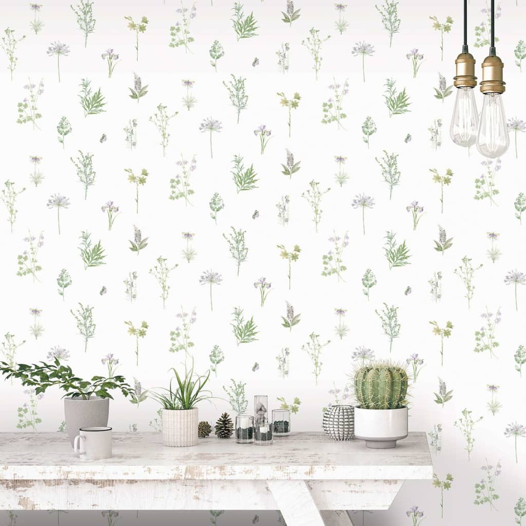 Papel pintado evergreen herbs and flowers blanco