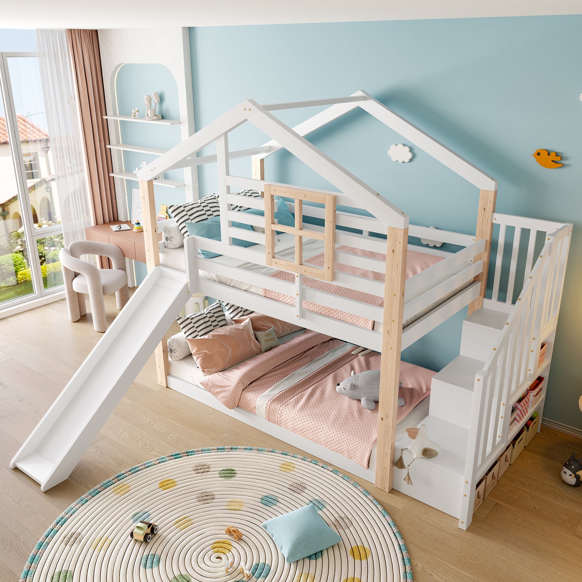 Lit Mezzanine Enfant Avec Toboggan Et étagères - 90x200 Cm, Cadre En Pin Massif Et MDF | Barrière De Sécurité, éclairage LED Intégré