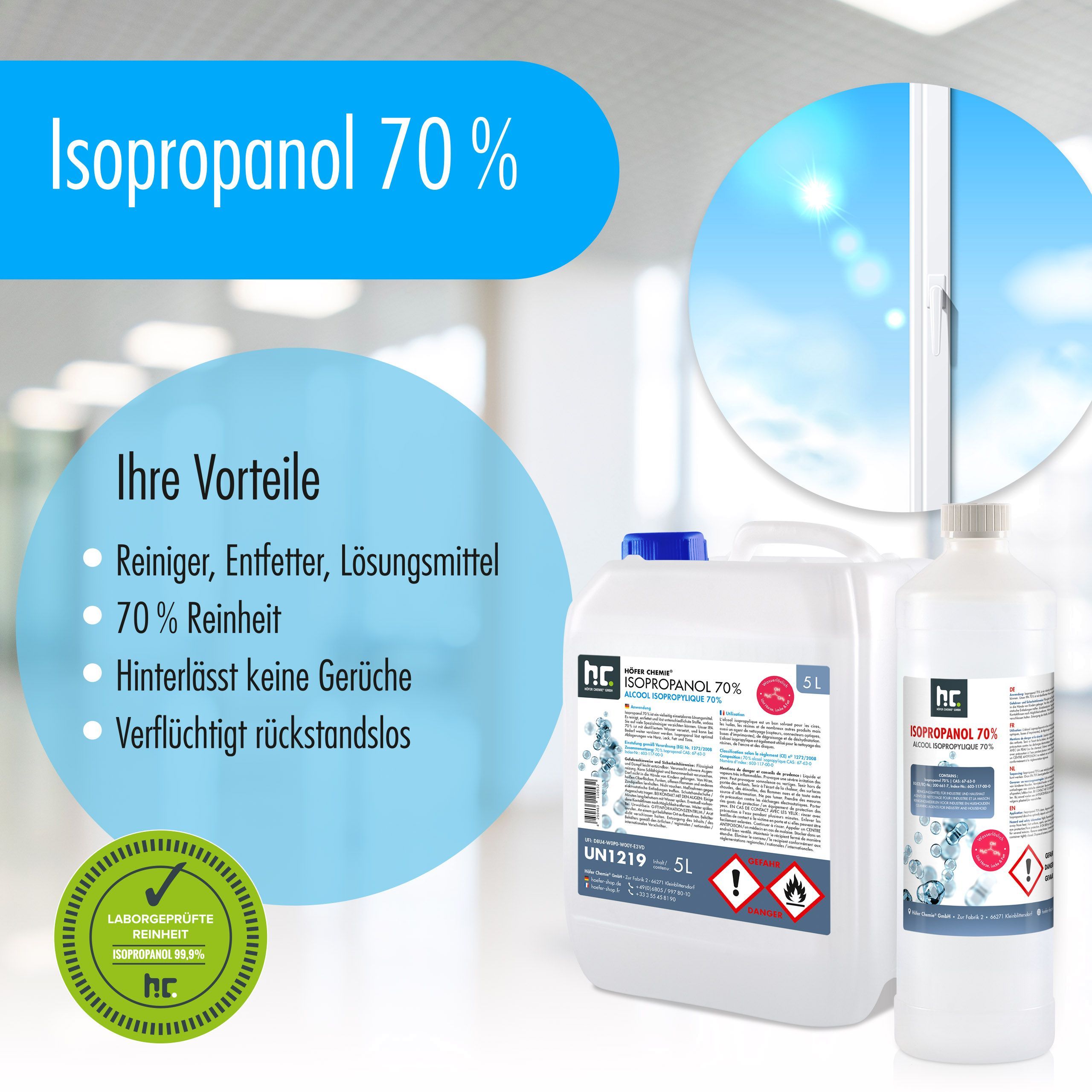 1 x Alcool isopropylique 70% Höfer Chemie® en bouteille de 1 L - 2