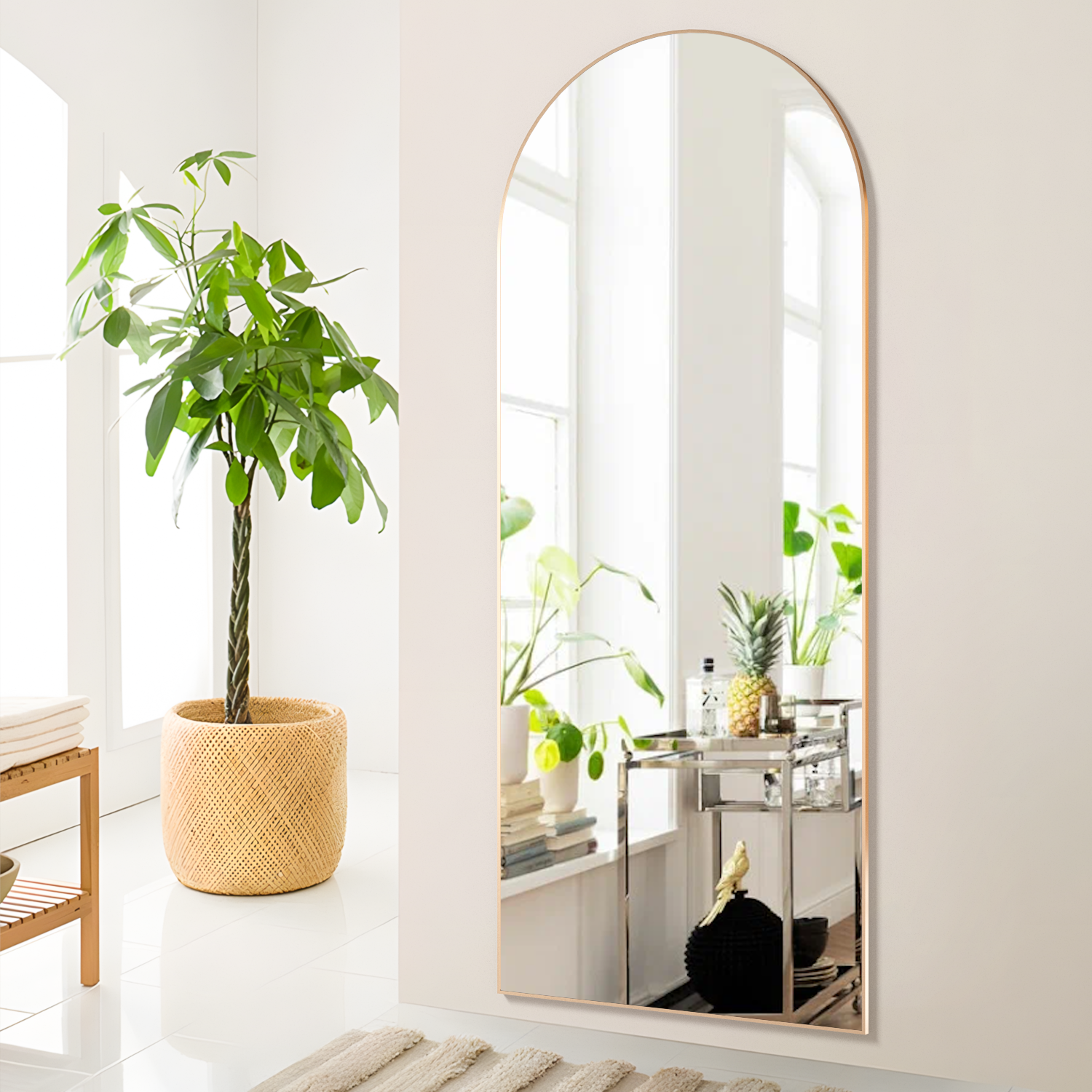 Espelho grande em arco 162 x 53 cm, de corpo inteiro, de pé ou de parede para quarto, com moldura de alumínio, para quarto de vestir, dourado - 2