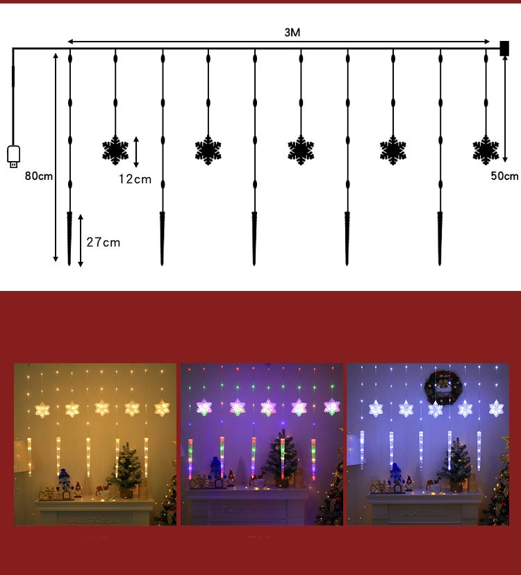 Catena luminosa natalizia a forma di fiocchi di neve e ghiaccioli, tenda luminosa a LED per esterni, alimentazione tramite USB, con telecomando - 2