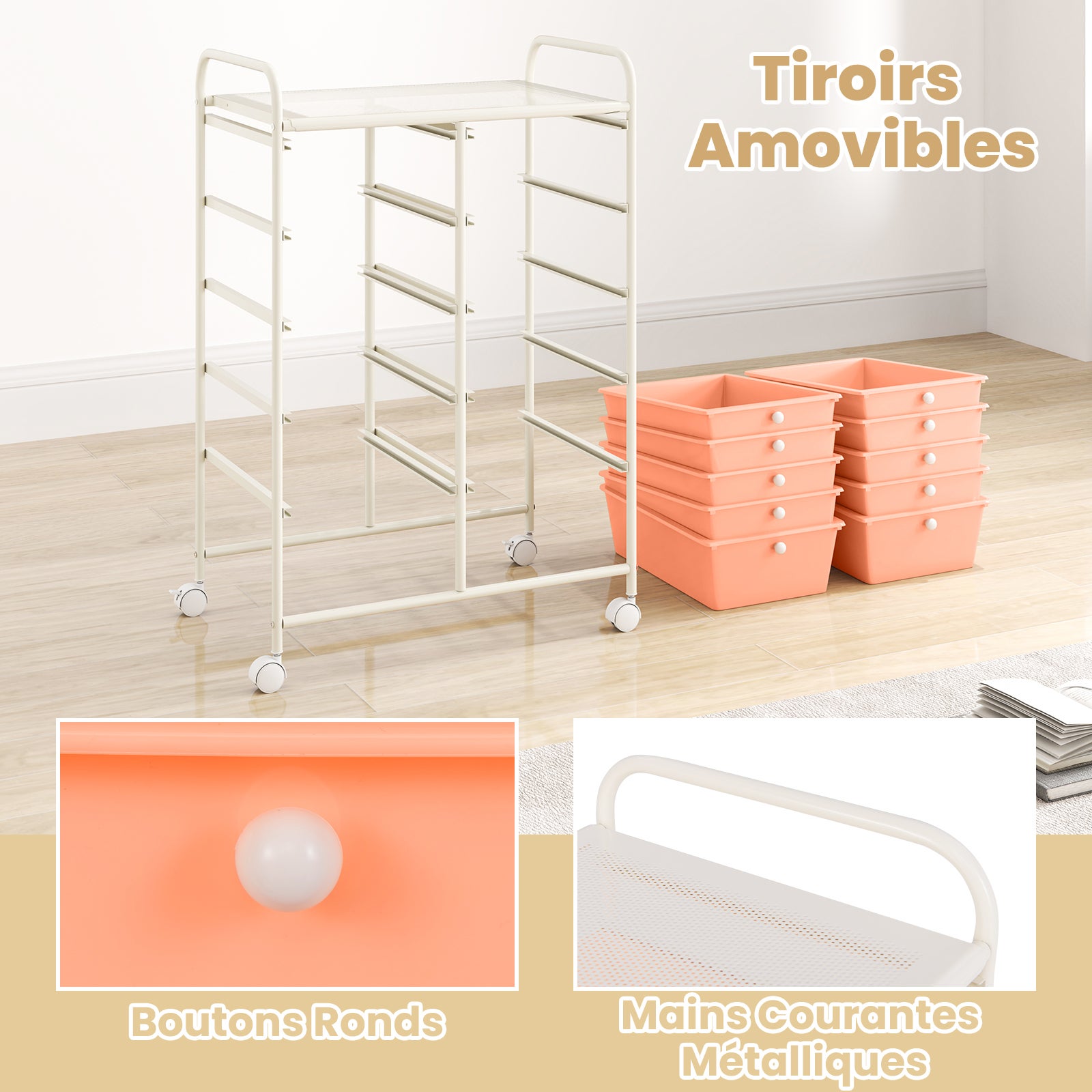 Chariot de Rangement 10 Tiroirs en PP, Tour de Rangement, Salle de Bain, Maquillage, Cuisine, Rose Pêche - 5