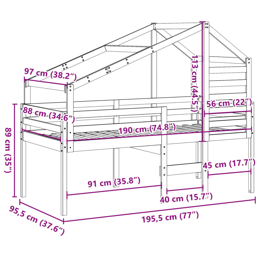 Lit haut avec toit 90x190 cm bois de pin massif - 9