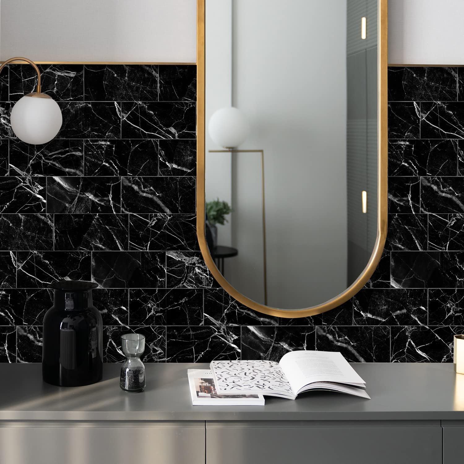 Piano Protezione Cucina 3D Imitazione Marmo Nero - Set di 16 Pannelli Decorativi Impermeabili e Anti-Umidità per Cucina, Bagno - 4