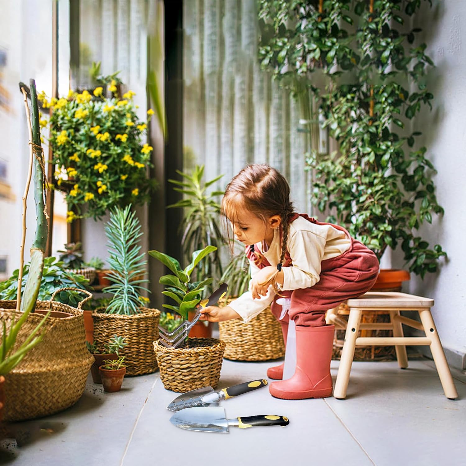 Zestaw attrezzi da giardino z aluminium da 3 pezzi: rastrello, pala, vanga, cazzuola e pala a punta larga con manici antiscivolo (giallo*1） - 5