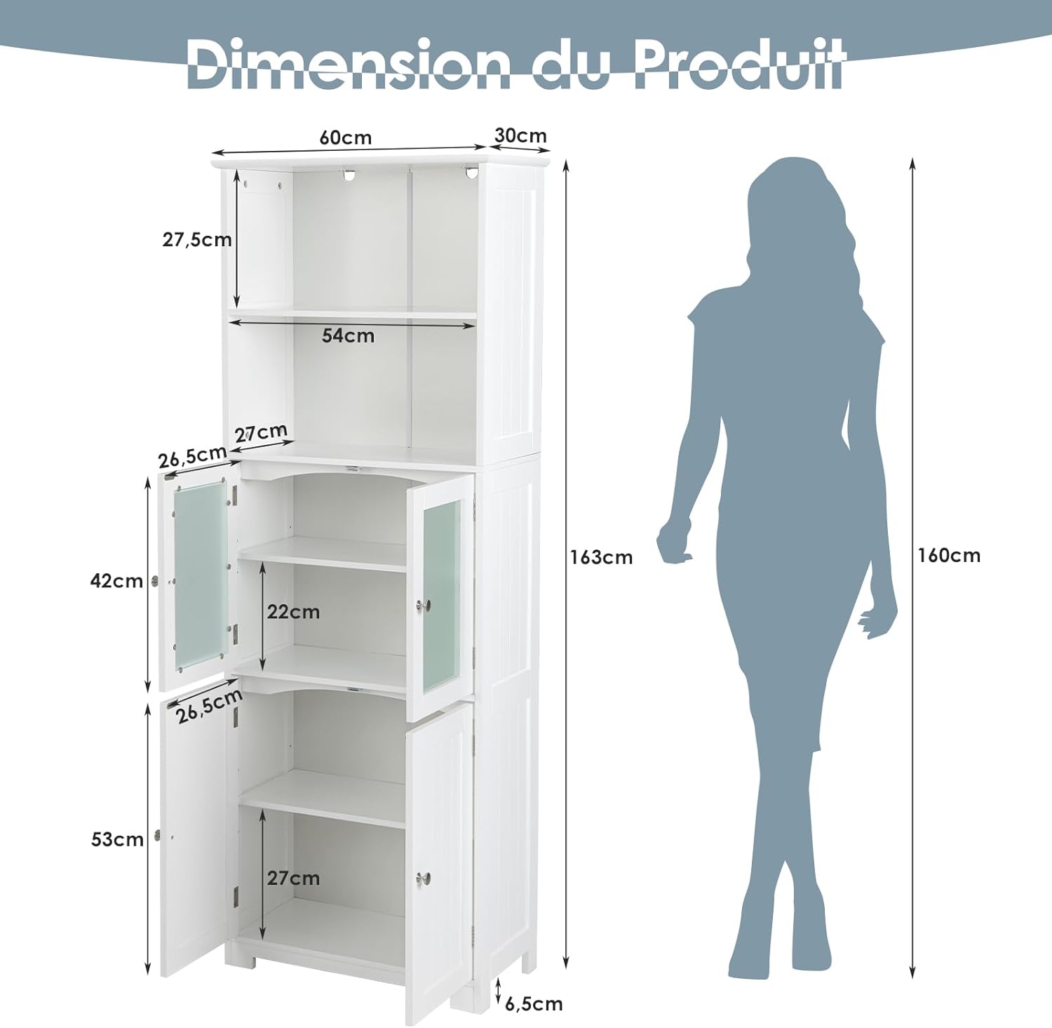 Meuble de Salle de Bain 60 x 30 x 163 cm, Rangement avec 2 Étagères Ouvertes et 2 Compartiments à Portes, Armoire Haute avec Étagères Réglables - 5