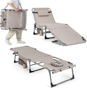 Bain de Soleil en Aluminium avec Dossier Réglable, Chaise Longue Pliante, Charge 180 KG (Beige)