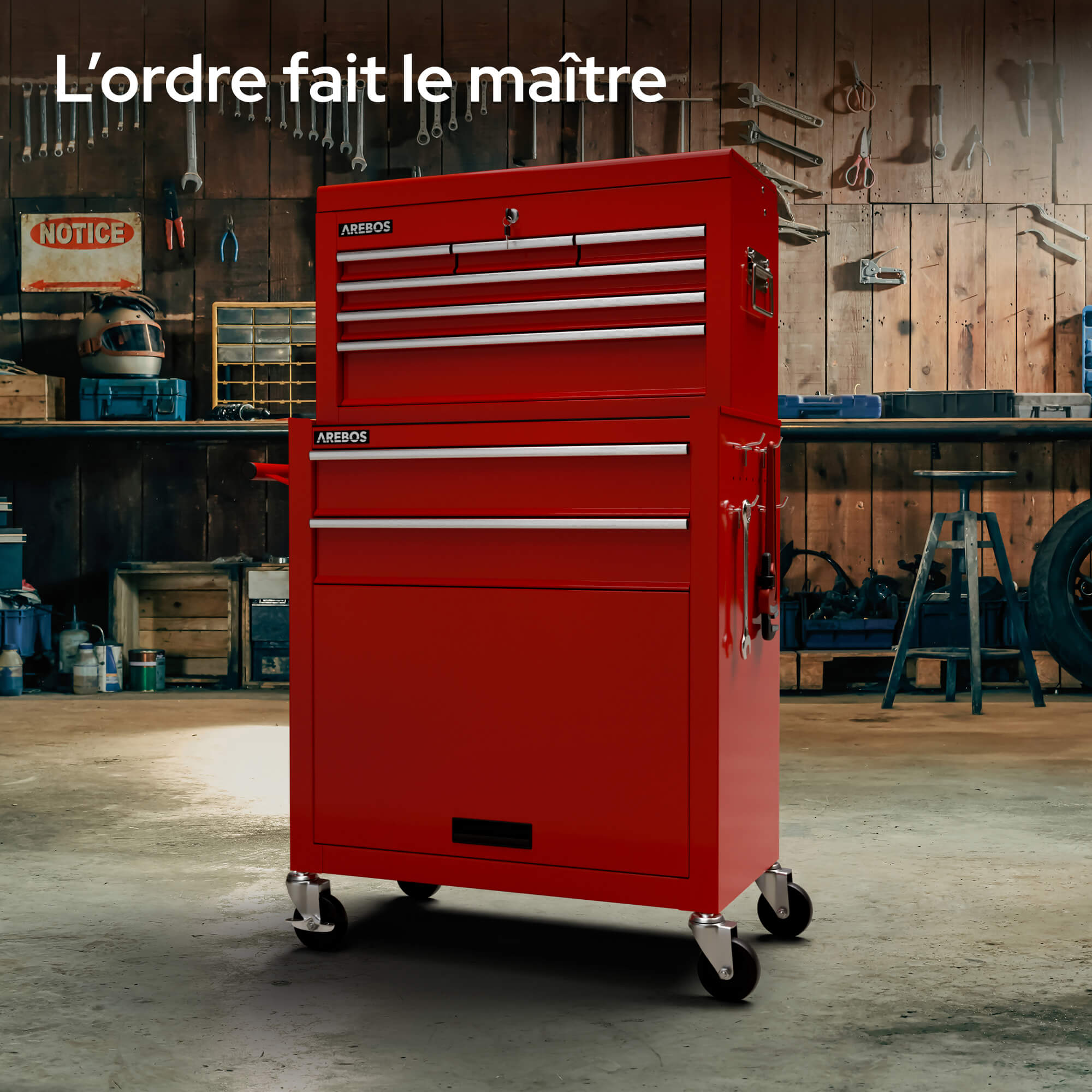 AREBOS Servante d’atelier 9 tiroirs Rouge – Coffre à outils mobile verrouillable, acier robuste, tiroirs à roulements à billes, roues freinées - 5