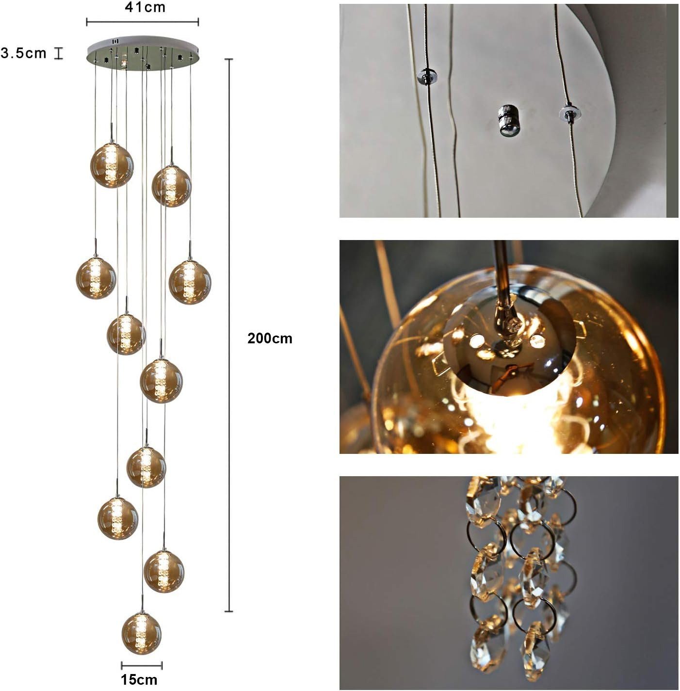NETTLIFE Suspension table de salle à manger Suspension réglable en hauteur Lustre Suspension à 10 flammes en verre - 4