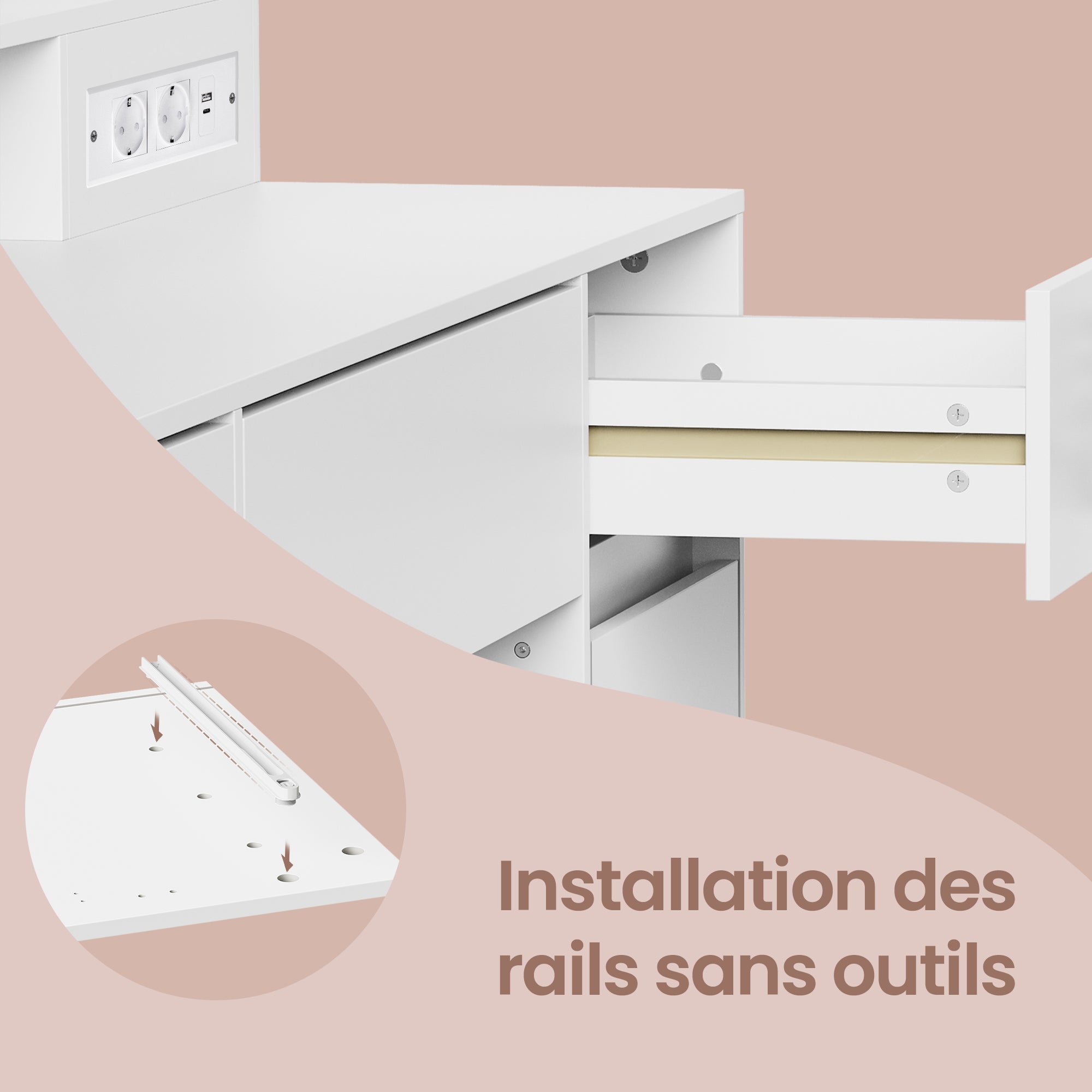 Coiffeuse avec Miroir LED, Multiprise, 2 Placards, 9 Ampoules, Éclairage 3 Couleurs, Blanc - 7