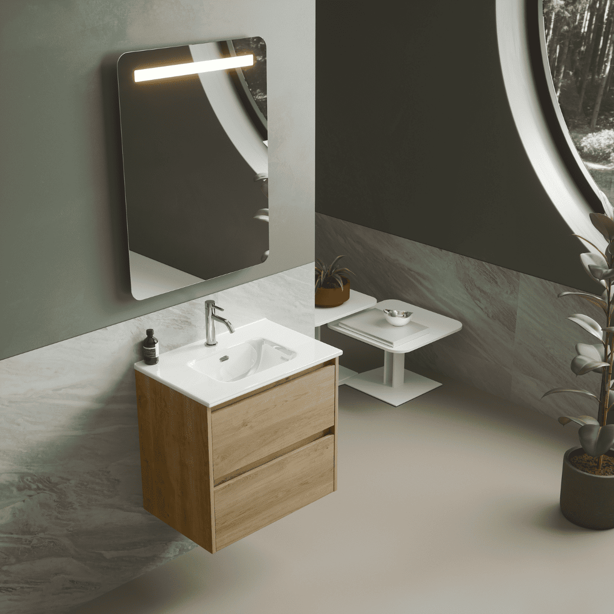 Móveis de Banheiro de Parede com Profundidade Reduzida com Pia de Cerâmica| Móveis Voadores com 2 Gavetas | 50 cm Carvalho Natural - 2