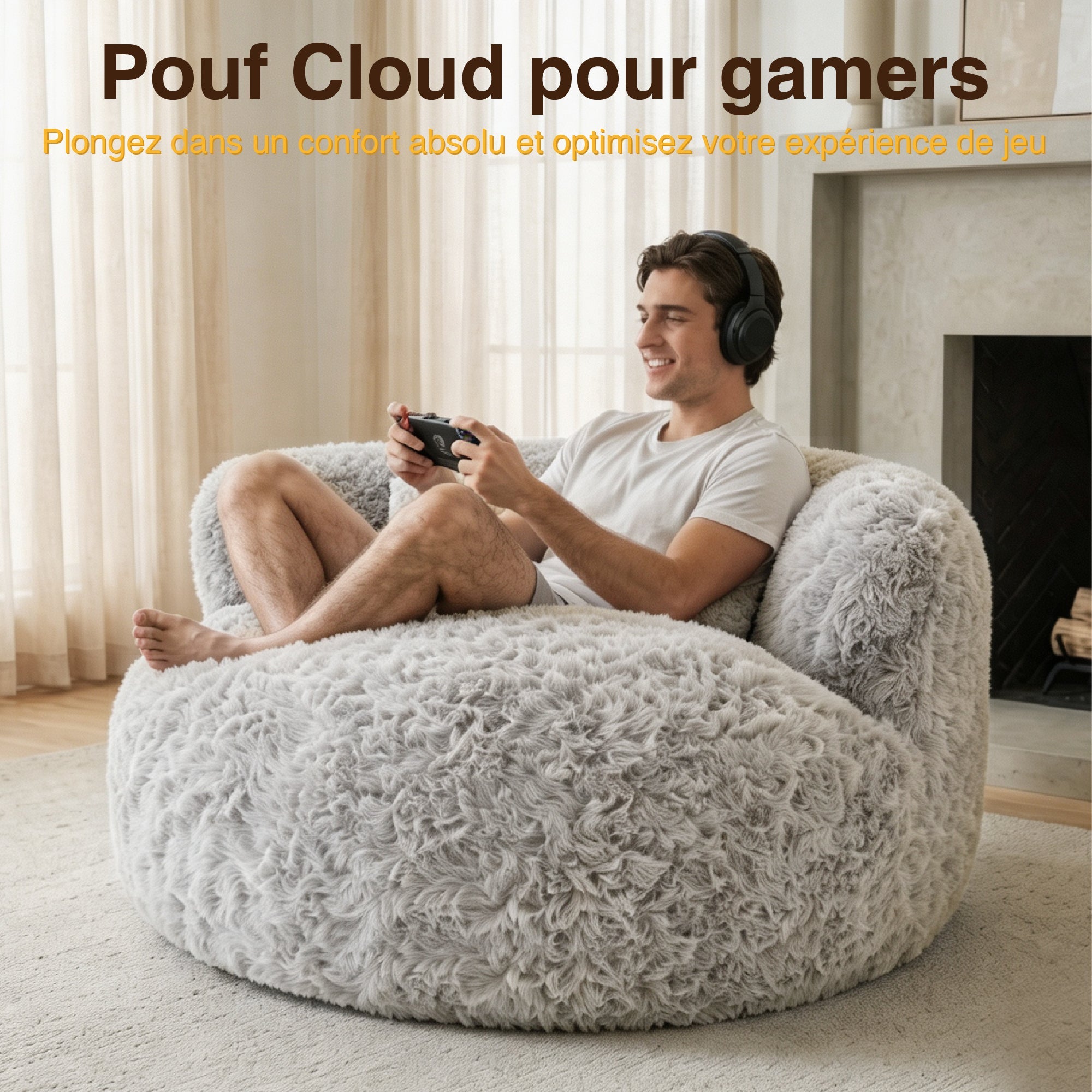 Fauteuil pouf 1 place, pouf compressé, Avec oreiller, mousse haute densité, gris clair - 7