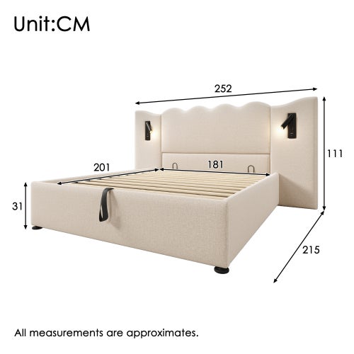Lit double 180×200 avec rangement, lampe de lecture 360°, ports USB & Type-C, cadre en lin et bois massif, beige (sans matelas) - 4
