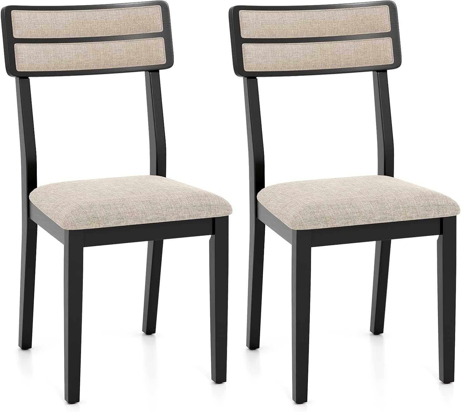 Zestaw 2 Krzeseł do Jadalni z Drewna, bez Podłokietników, Tapicerowane Siedzisko, Oddychająca Tkanina Lniana, Nośność 180 kg (Czarne, 2 Sztuki)