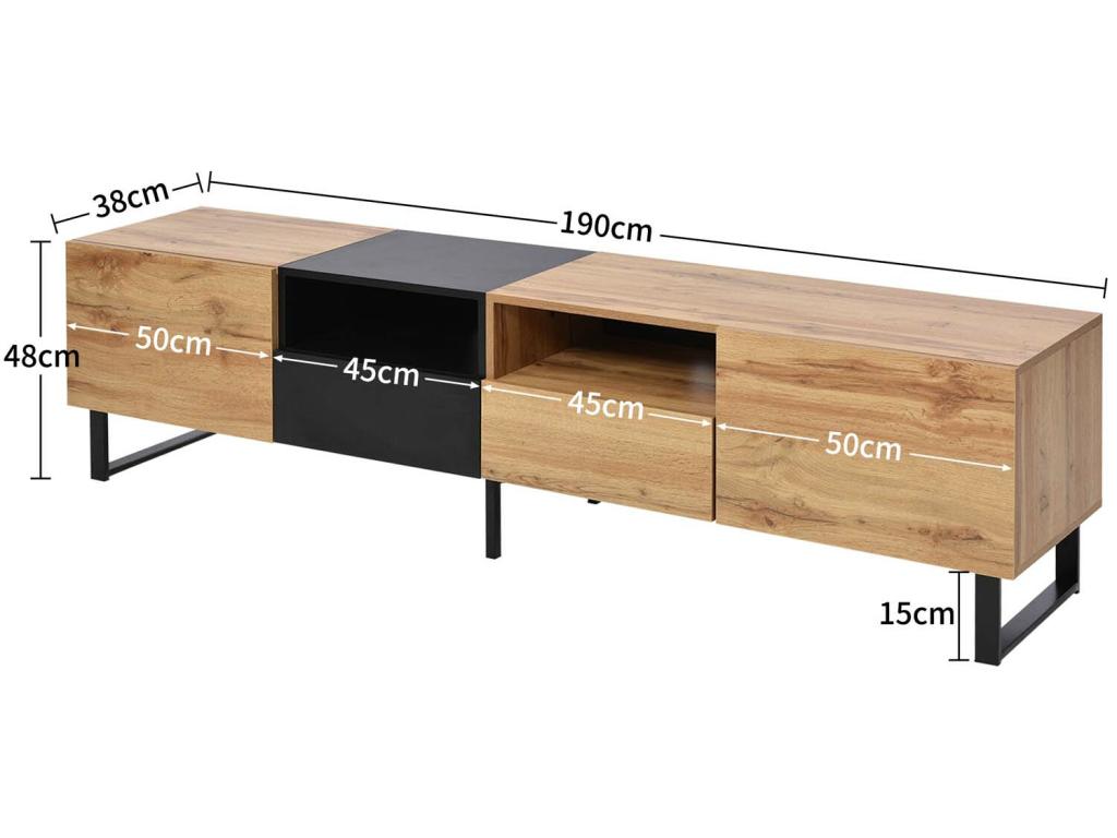 Meuble TV 190cm avec 2 compartiments et 2 tiroirs pour chambre ou salon - naturel - 5