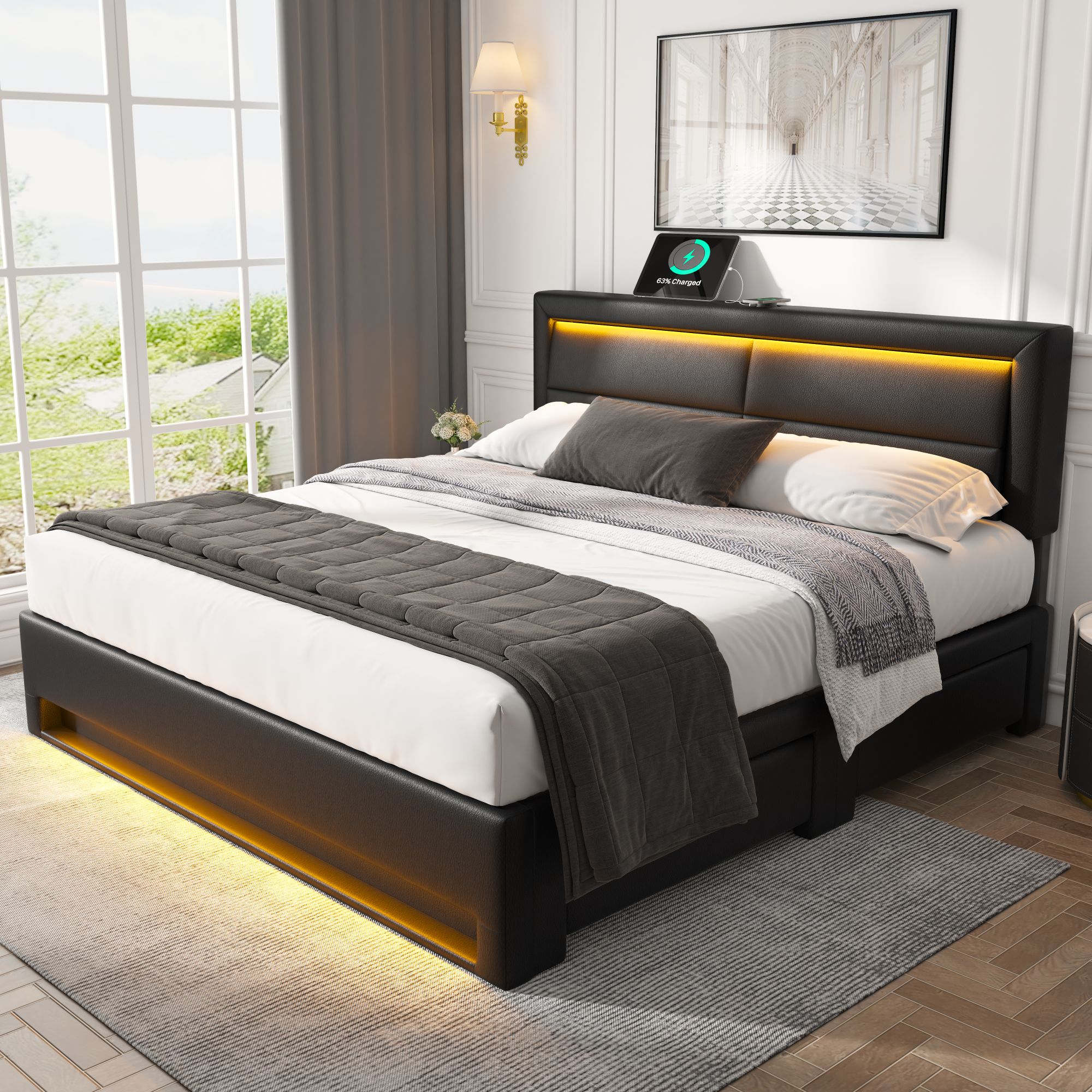 Łóżko podwójne 140x190 cm z ekoskóry z LED - 4 szuflady - z portami ładowania (przewodowym i bezprzewodowym) - Czarne - 4