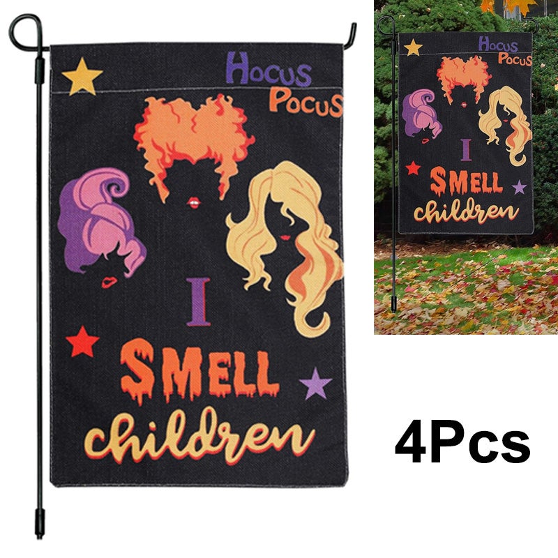 4 szt. dekoracji na Halloween, flaga ogrodowa tworząca atmosferę, motyw kwiatowy, 30 * 45 cm, dekoracja na podwórko Hocus Pocus