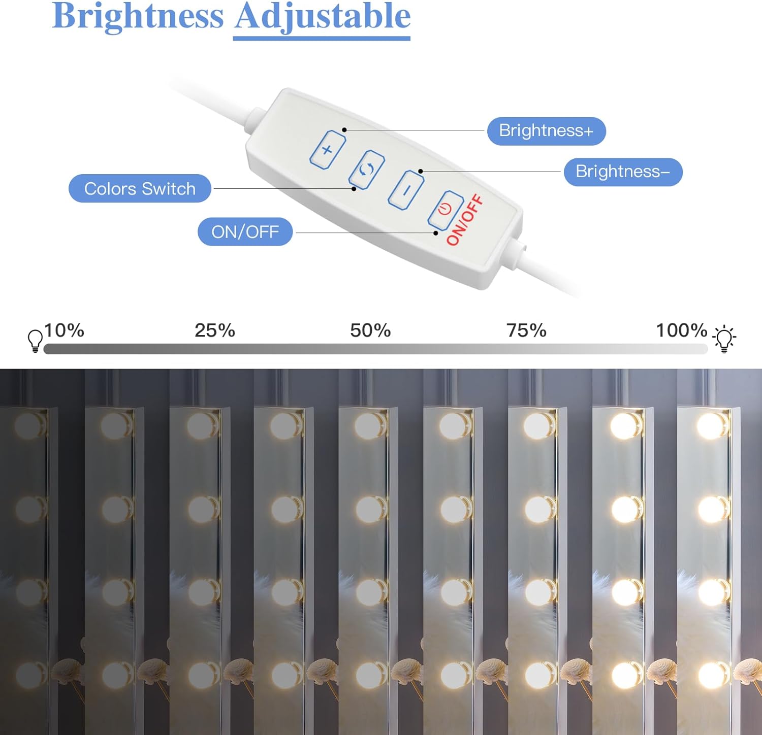 Lumière de Miroir, 14 Ampoules pour Coiffeuse Maquillage, Miroir LED Hollywood Dimmable, Lampe Coiffeuse USB avec Interrupteur,3 Couleurs - 3