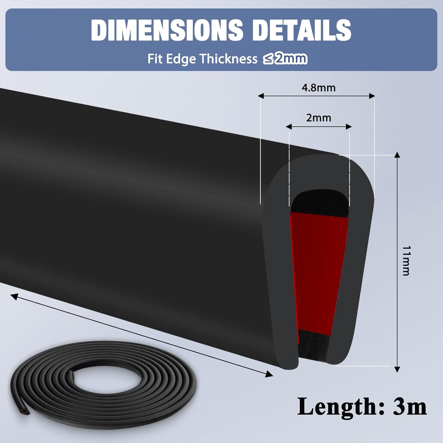 Junta de goma en forma de U para protección de bordes de chapa de EPDM, junta adhesiva negra para puerta de coche, protección de metal y vidrio (3 m, - 3