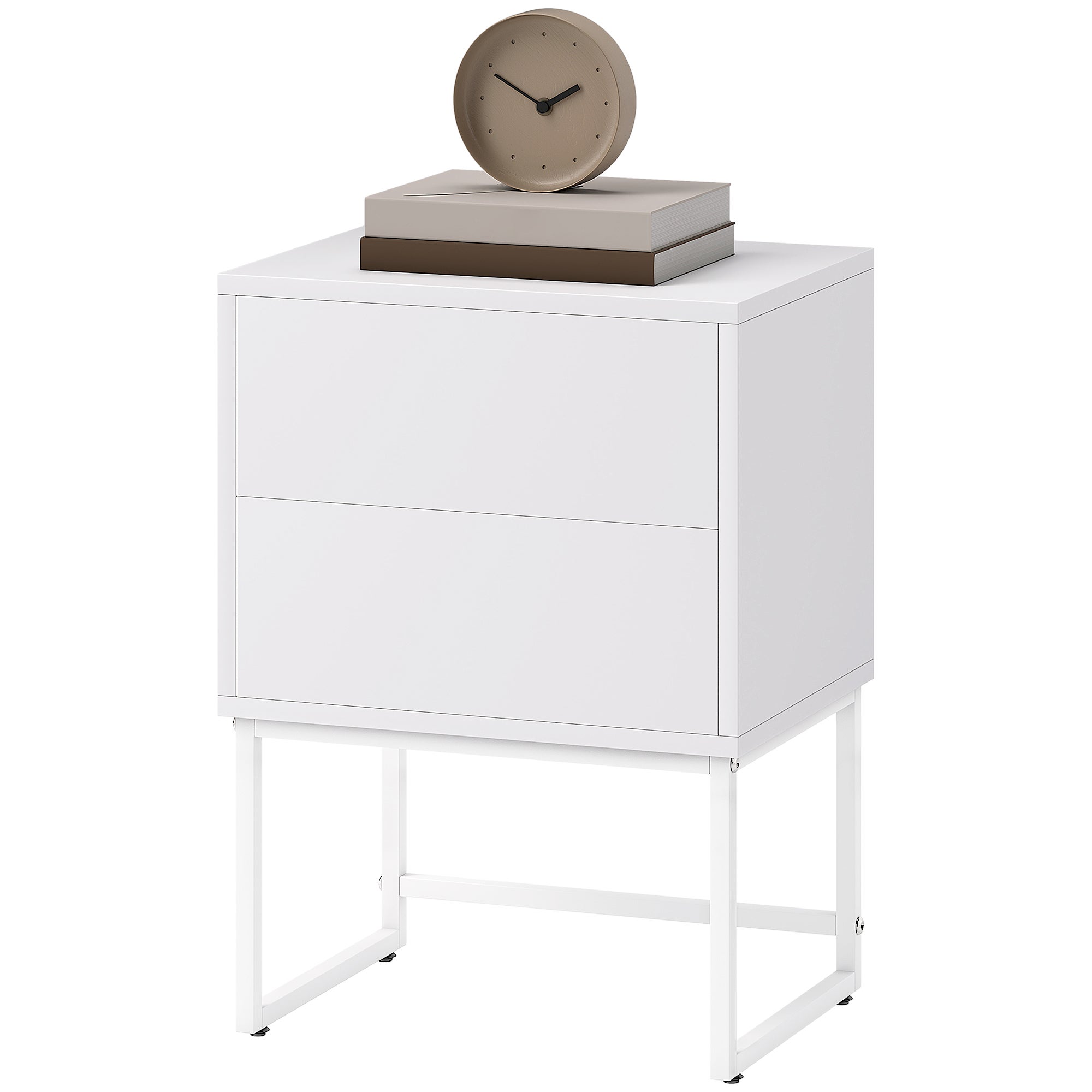 Comodino Bianco Con Stazione Di Ricarica USB E Luci LED RGB - 2 Cassetti In Tessuto - Struttura In Acciaio