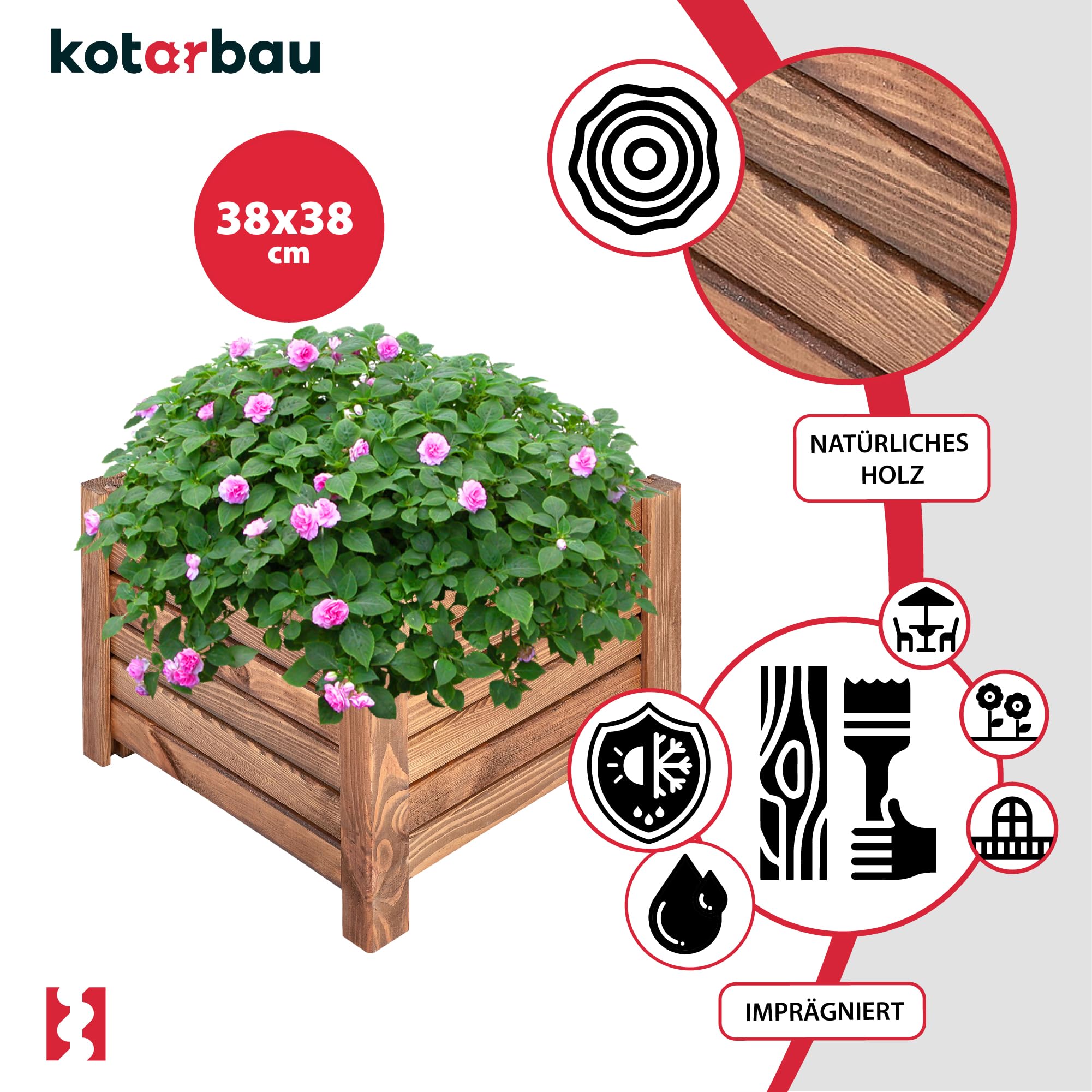Pot de Fleurs en Bois 38 x 38 x 30 cm Jardinière en Pin Carbonisé Pot de Plantes Jardinière - Idéal pour Jardin Terrasse Balcon - Marron - KOTARBAU - 4