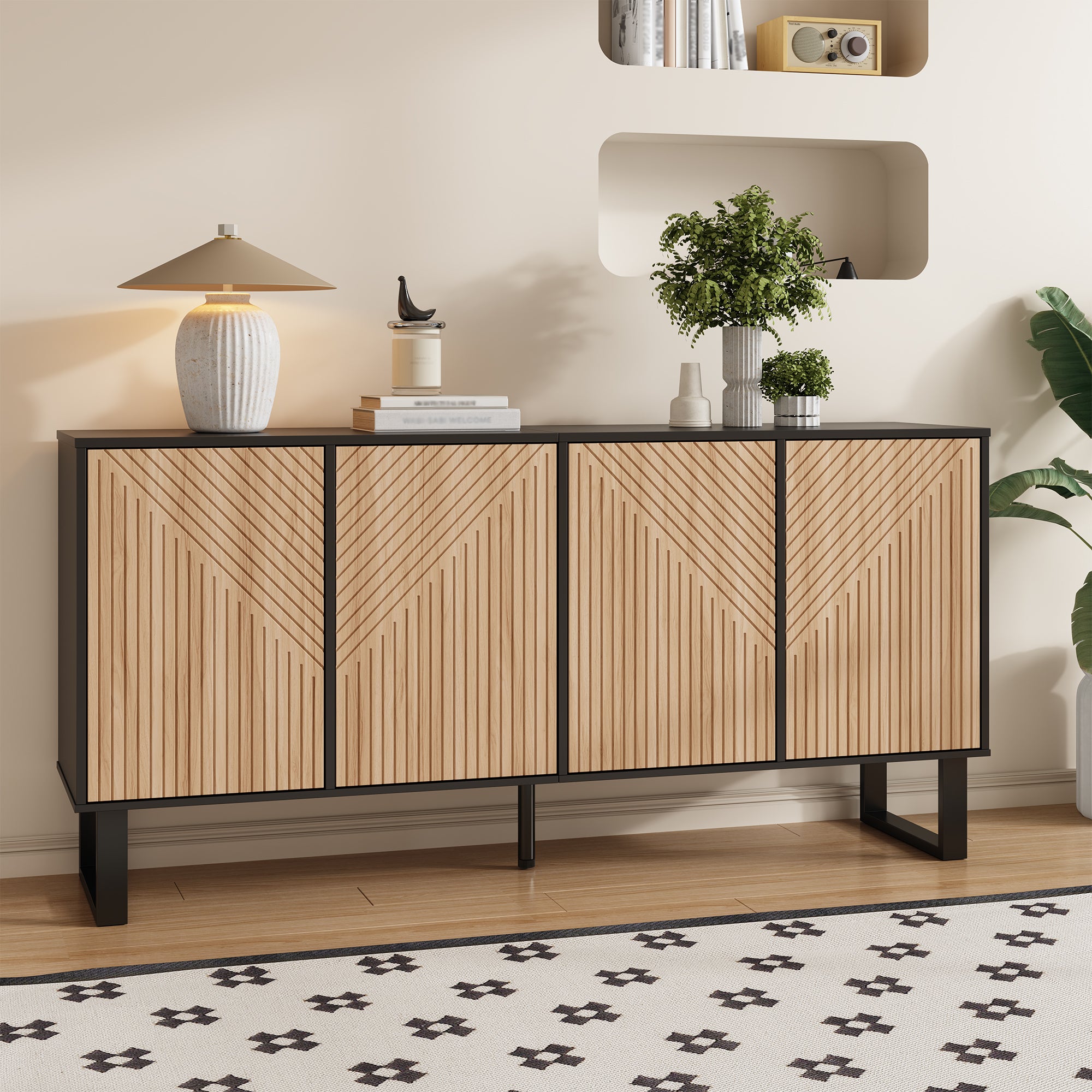 Nowoczesna komoda z 4 drzwiami - 160 x 38 x 75 cm - Płyta wiórowa + MDF - Kolor naturalny + czarny - 8