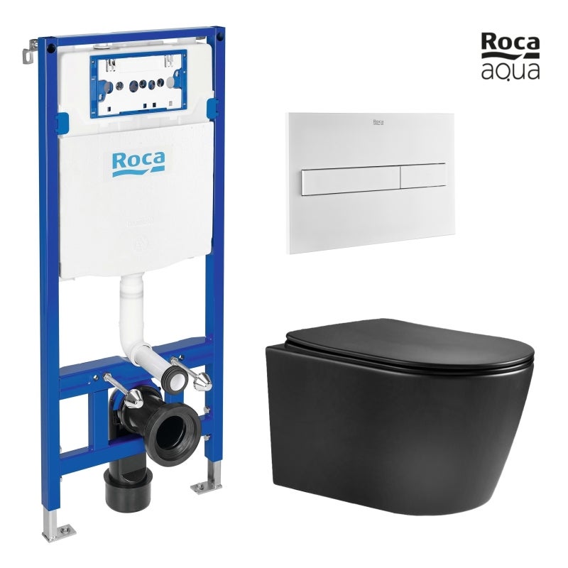 Bastidor roca duplo con cisterna empotrada y pulsador pl7 blanco mate con inodoro suspendido nebula black mate rimless