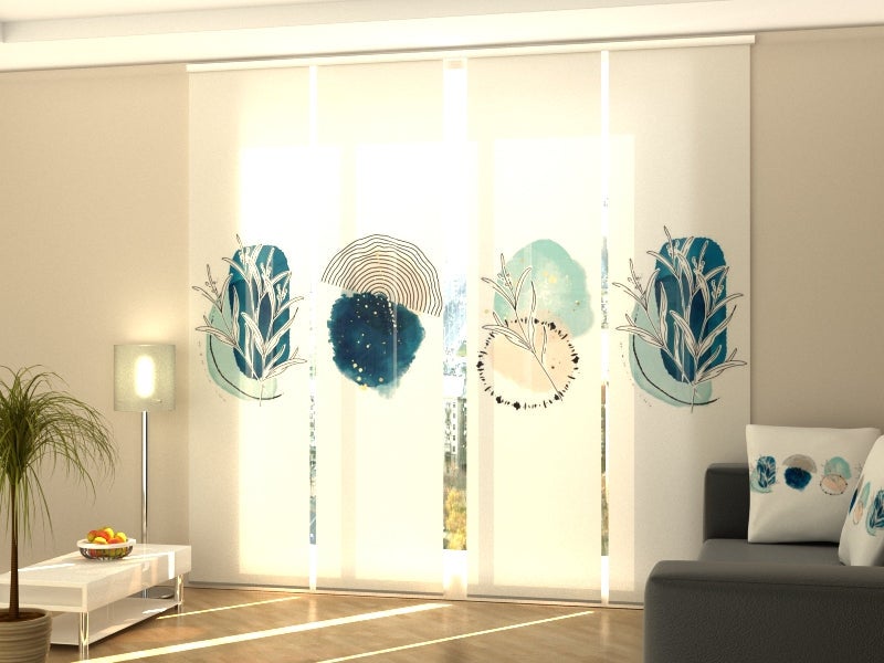 4 paneles japoneses wellmira con riel de 4 vías, 60x300 cm - diseño dibujos azules delicados