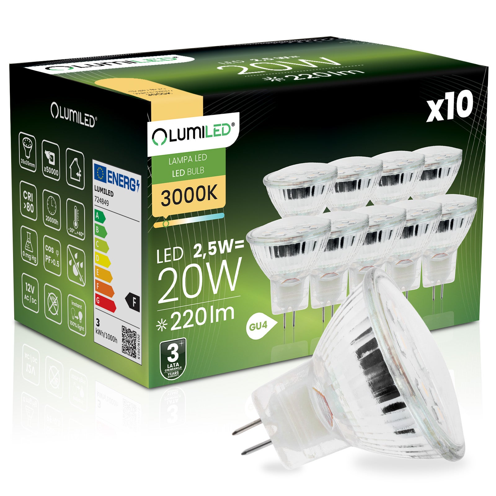 10x Żarówka Lumiled LED GU4 Reflektor MR11 2,5W = 20W 220lm 3000K Ciepła 120st