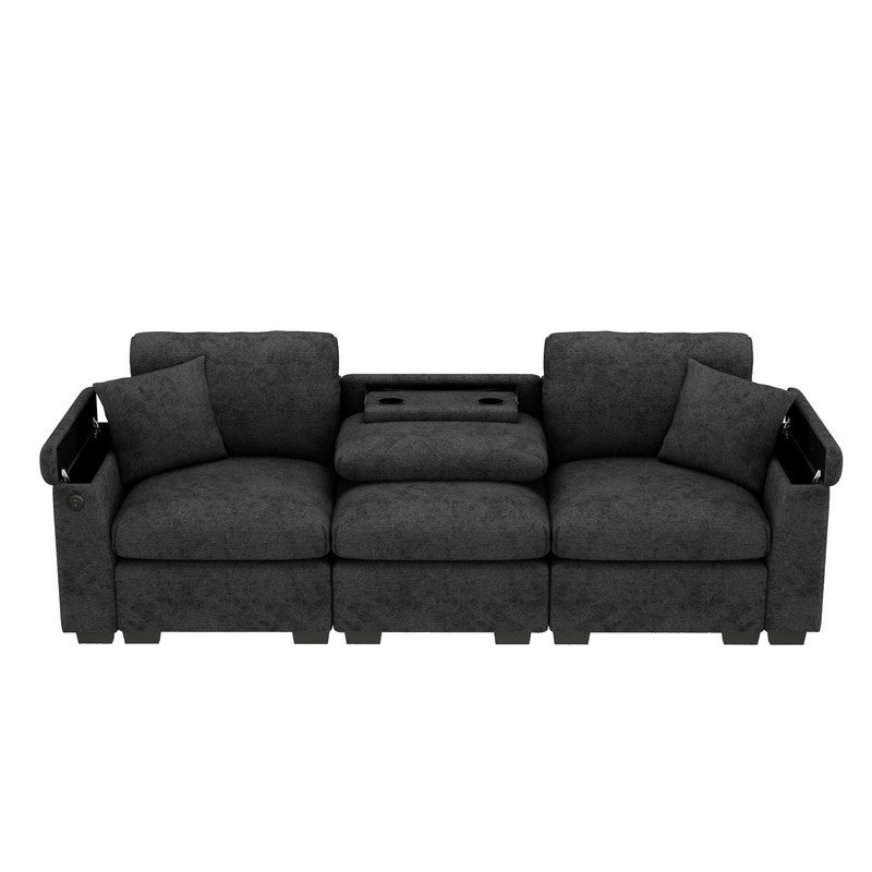 Canapé 3 places moderne - avec coussins et table pliante - comprend des ports USB et un porte-gobelet - gris - 5