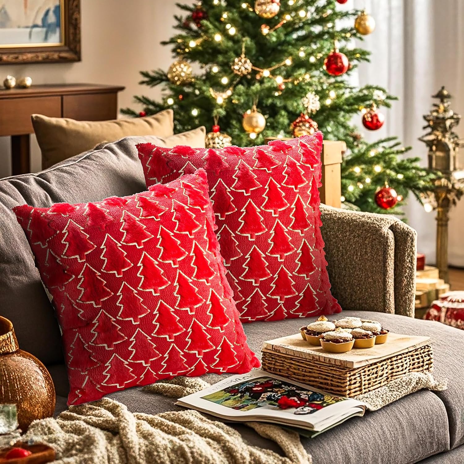 Lot De 2 Housses De Coussin De Noël JOTOM - Motif Sapin, 30x50 Cm, Rouge - Décoration Canapé Et Maison