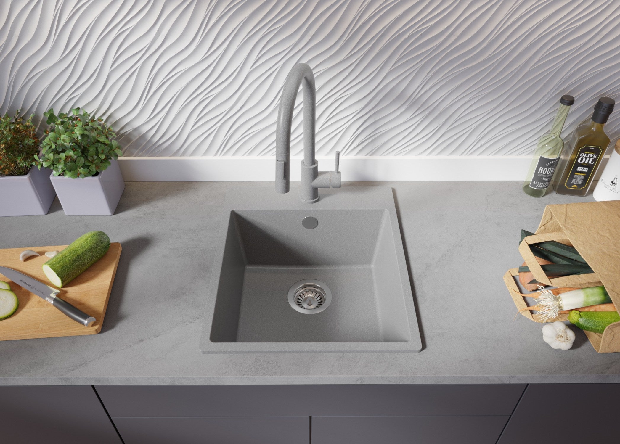 Evier Cuisine en Granit Gris 43x50cm, Lavabo 1 bac + Kit de Vidage, Évier à Encastrer au meuble 45cm - Riga PRIMAGRAN - 4