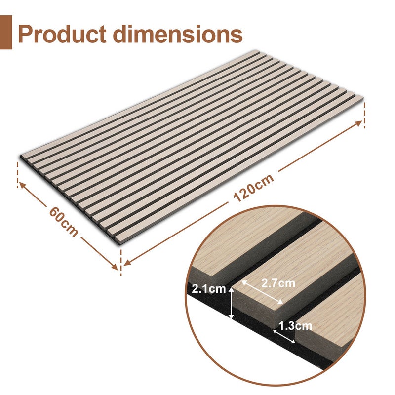 Panel de pared de MDF natural con acabado tipo listón. Panel acústico moderno en chapa de madera y fieltro, 120x60x2,1 cm, roble. - 2