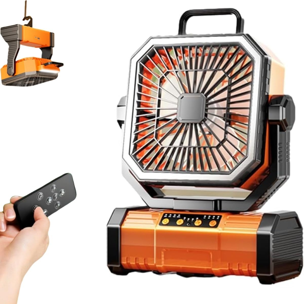 Przenośny wentylator kempingowy z pilotem, oświetleniem i hakiem do namiotu, akumulatorem, 4 prędkościami i timerem (pomarańczowy)