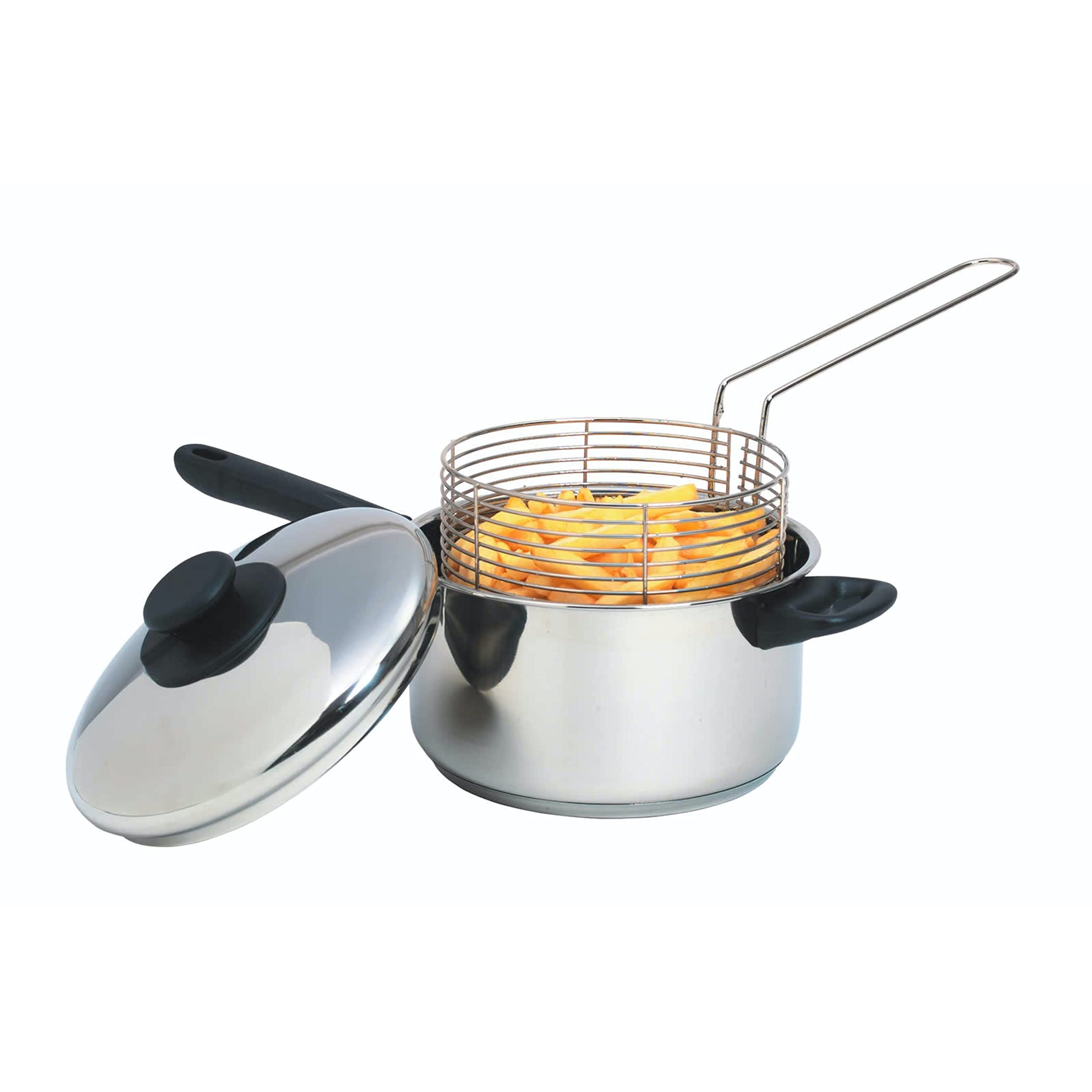 CaterOcassions Padella per patatine fritte da 20 cm, set di 3 padelle in acciaio inox resistente con cestello e coperchio, friggitrice per piano cottura a induzione, fornelli a gas o fornello