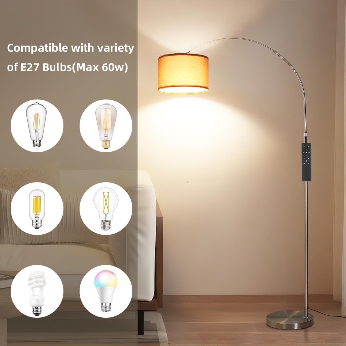 Lampadaire arc avec télécommande, LED E27 dimmable, abat-jour tissu brun 33 cm, style vintage argenté pour salon, chambre, hôtel - 6