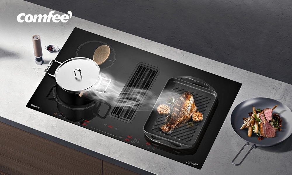 Table de cuisson à induction aspirante COMFEE CIH742FY18K0 60 cm 4 foyers + hotte intégrée 638m³/h avec kit d’évacuation partiel, 7400W, A++ - 12