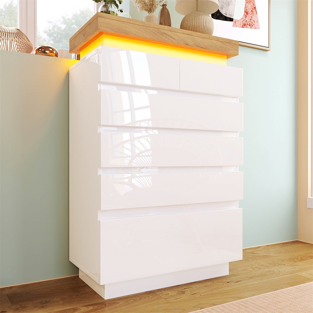 Komoda/kredens lakierowany na wysoki połysk z 6 szufladami, oświetlenie LED, 73 x 39 x 115 cm, kolor biały - 7