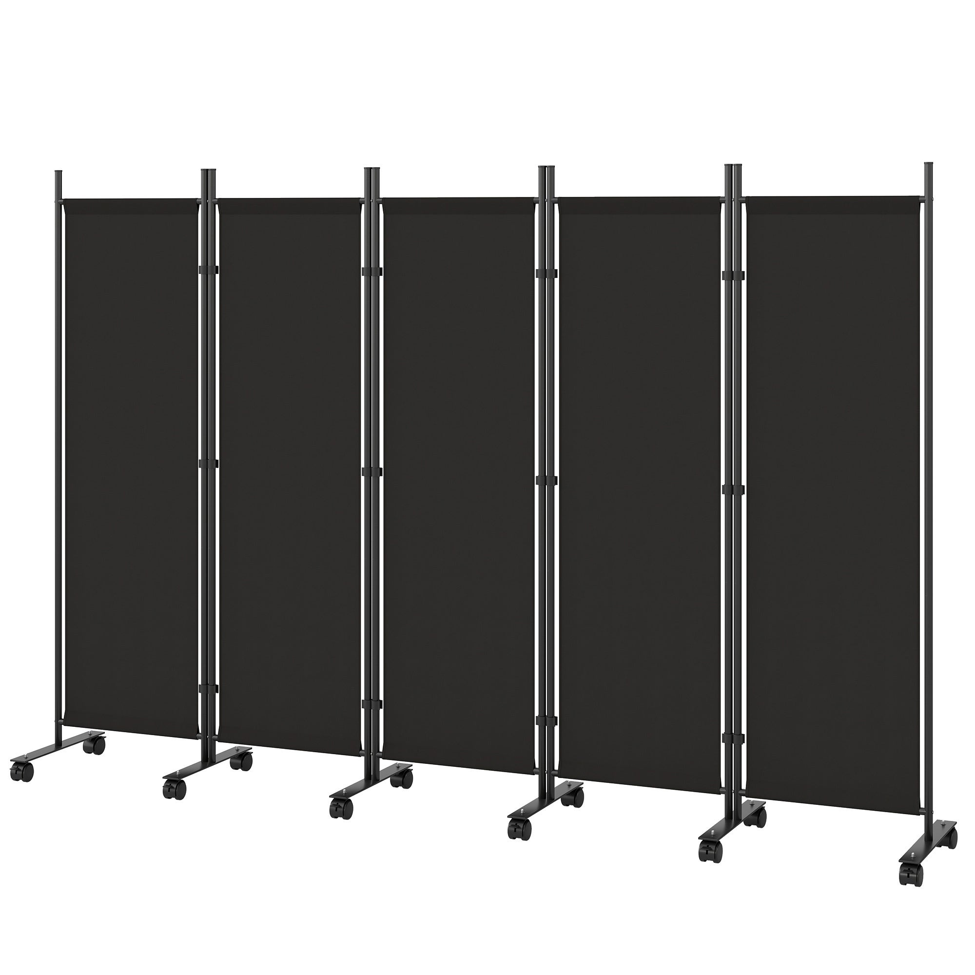 Écran pliant 5 panneaux, 12 roues, 252x170 cm, séparateur pièce personnalisé, noir - 2
