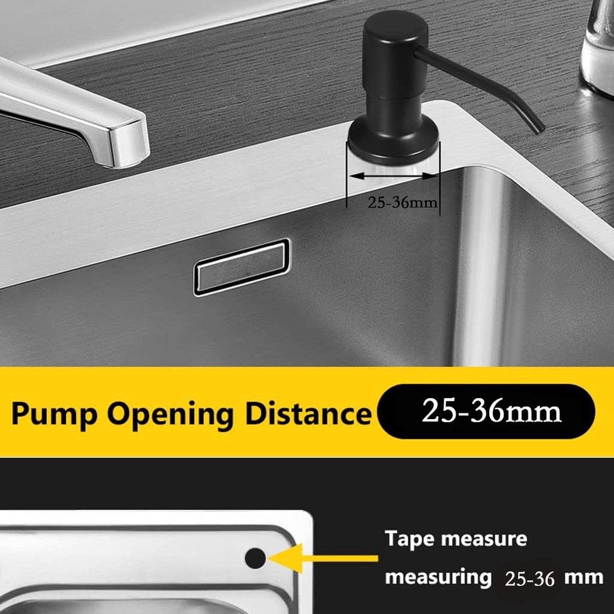20PCS Distributeur de savon encastrable en acier inoxydable - 300 ml, 360° - Compatible avec les trous de 25 à 36 mm sur les plans de travail -Noir - 2