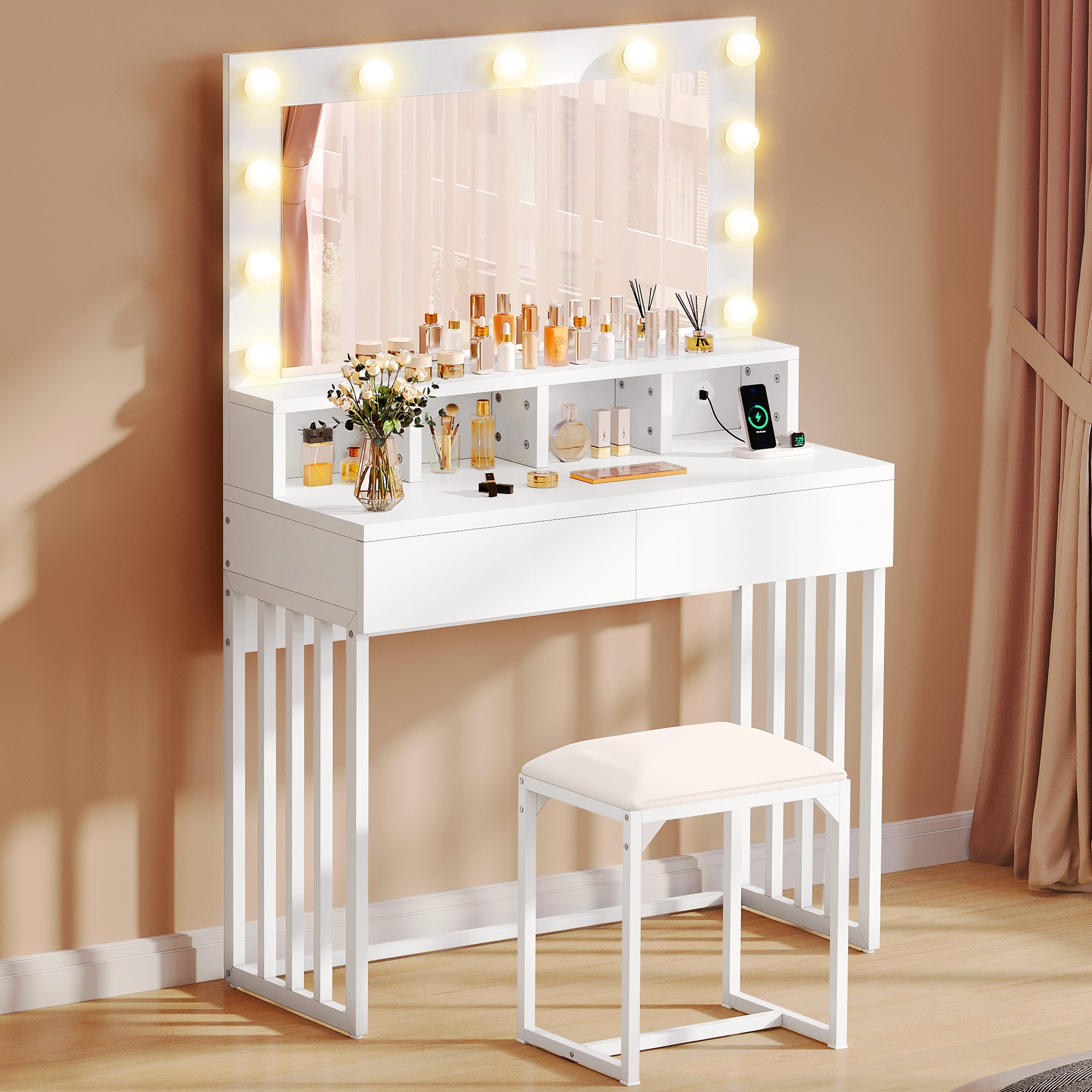 Tavolo Toeletta Con Luci LED Hollywood - Specchio, Sgabello E 7 Cassetti, Legno Moderno 100x40x140 Cm - Foto 5