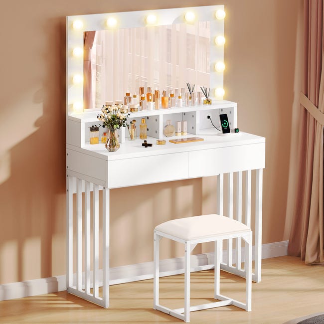 Tavolo Toeletta Con Luci LED Hollywood - Specchio, Sgabello E 7 Cassetti, Legno Moderno 100x40x140 Cm - Foto 5